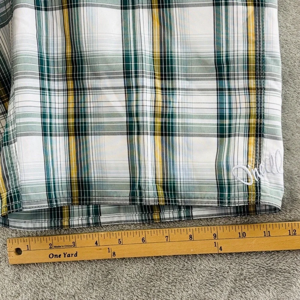 O'Neill Plaid Cargo Board Shorts Mens 32 Green‎ White Yellow Unlined Drawstring